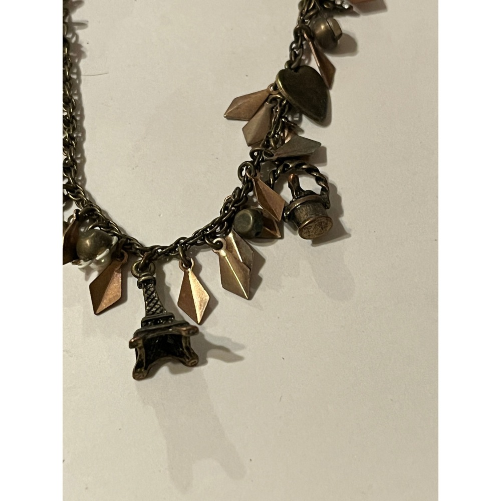 Betsey Johnson Paris Eiffel Tower Charm Necklace Bronze Tone Mixed Metal Heart - Picture 2 of 14